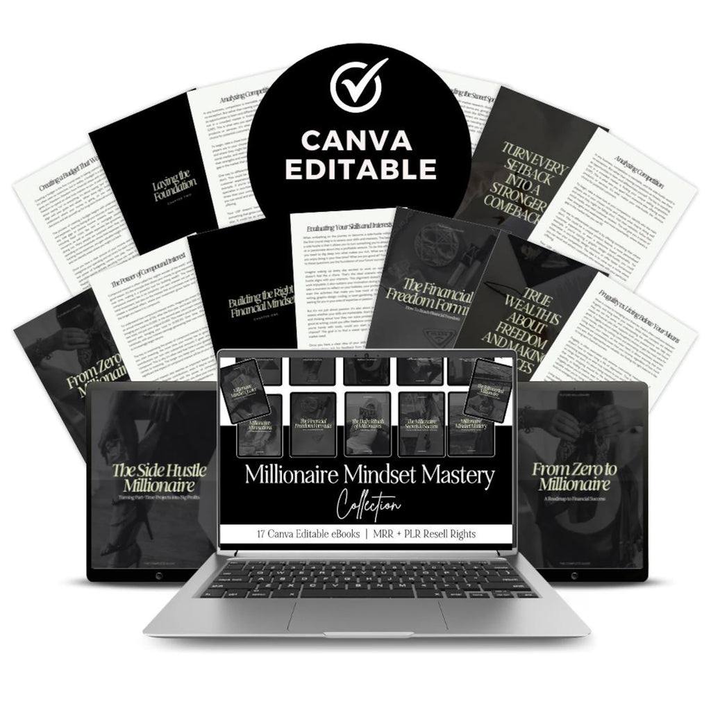 Millionaire Mindset Mastery | 17 PLR Canva eBooks | Wealth Success Coaching Templates - Hyeon-PLR