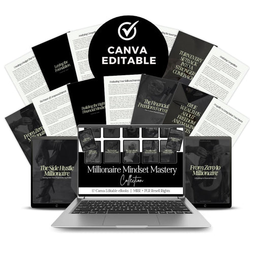 Millionaire Mindset Mastery | 17 PLR Canva eBooks | Wealth Success Coaching Templates - Hyeon-PLR