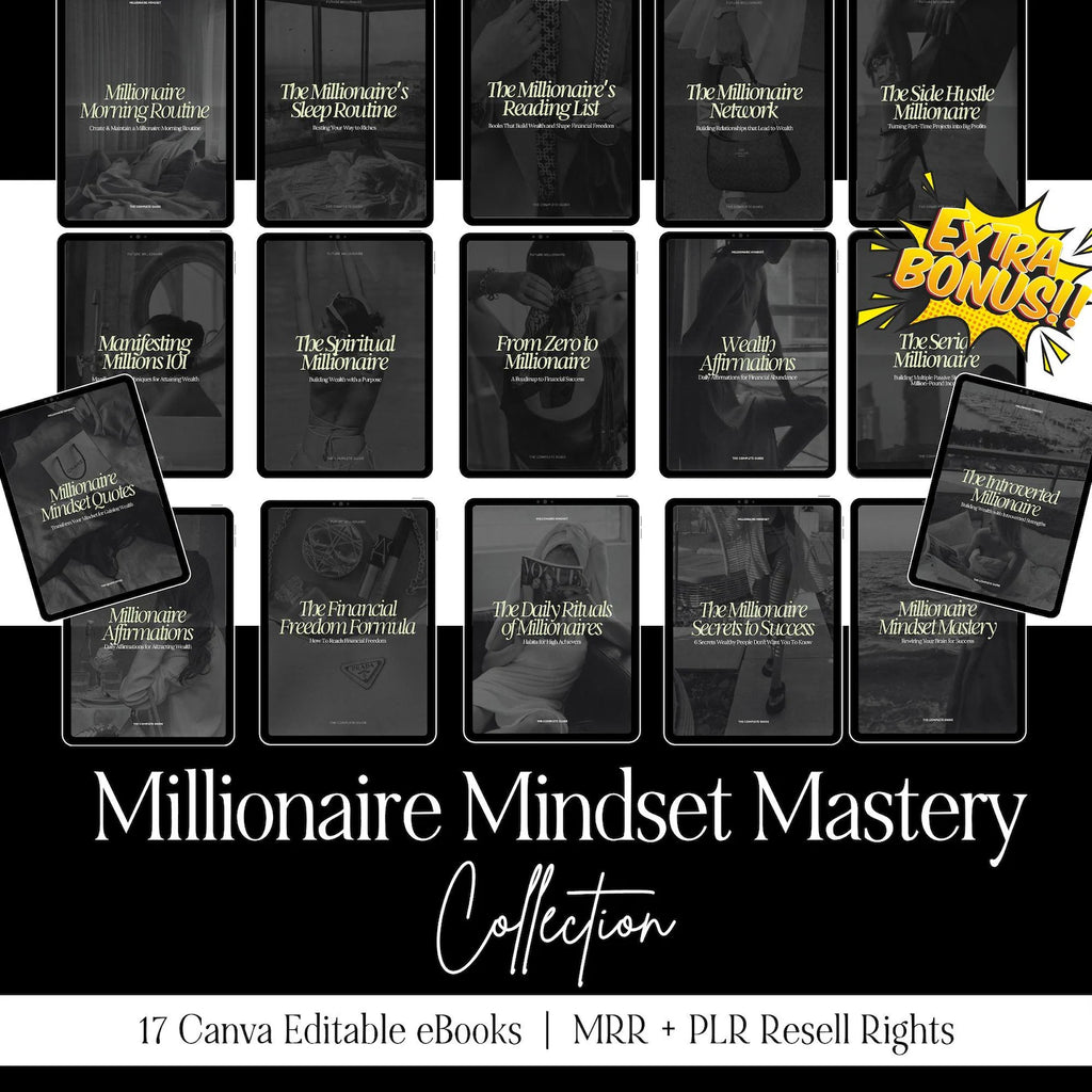 Millionaire Mindset Mastery | 17 PLR Canva eBooks | Wealth Success Coaching Templates - Hyeon-PLR