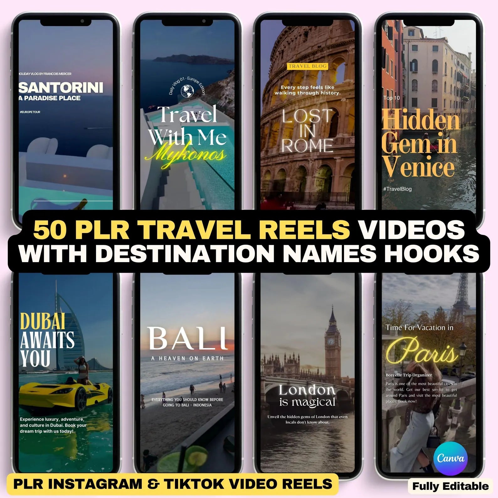 50 Travel Instagram Reels: Editable Canva Video Templates - Hyeon-PLR
